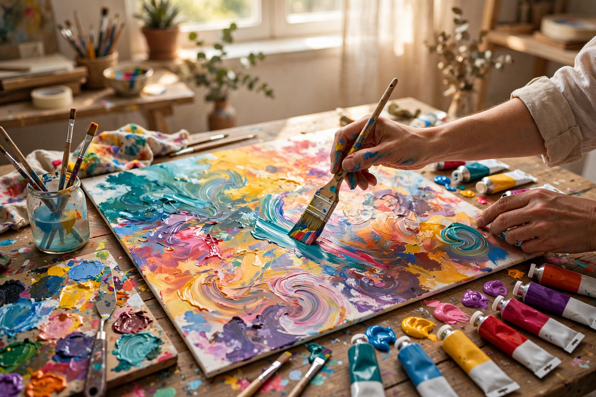 Paintbrushes and layered color representing energy painting mentorship